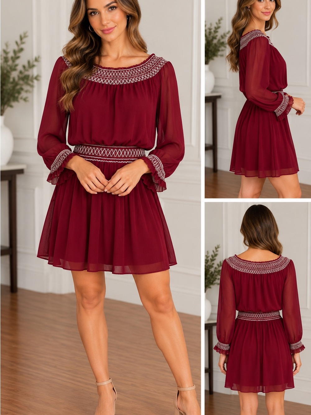 Tory Burch Burgundy Embroidered Neckline Silk Mini Dress